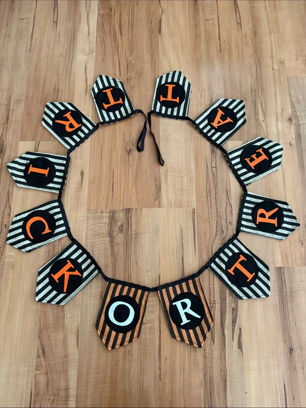 Halloween Trick or Treat Burlap Garland Banner - Black & Orange Stripes 74” long